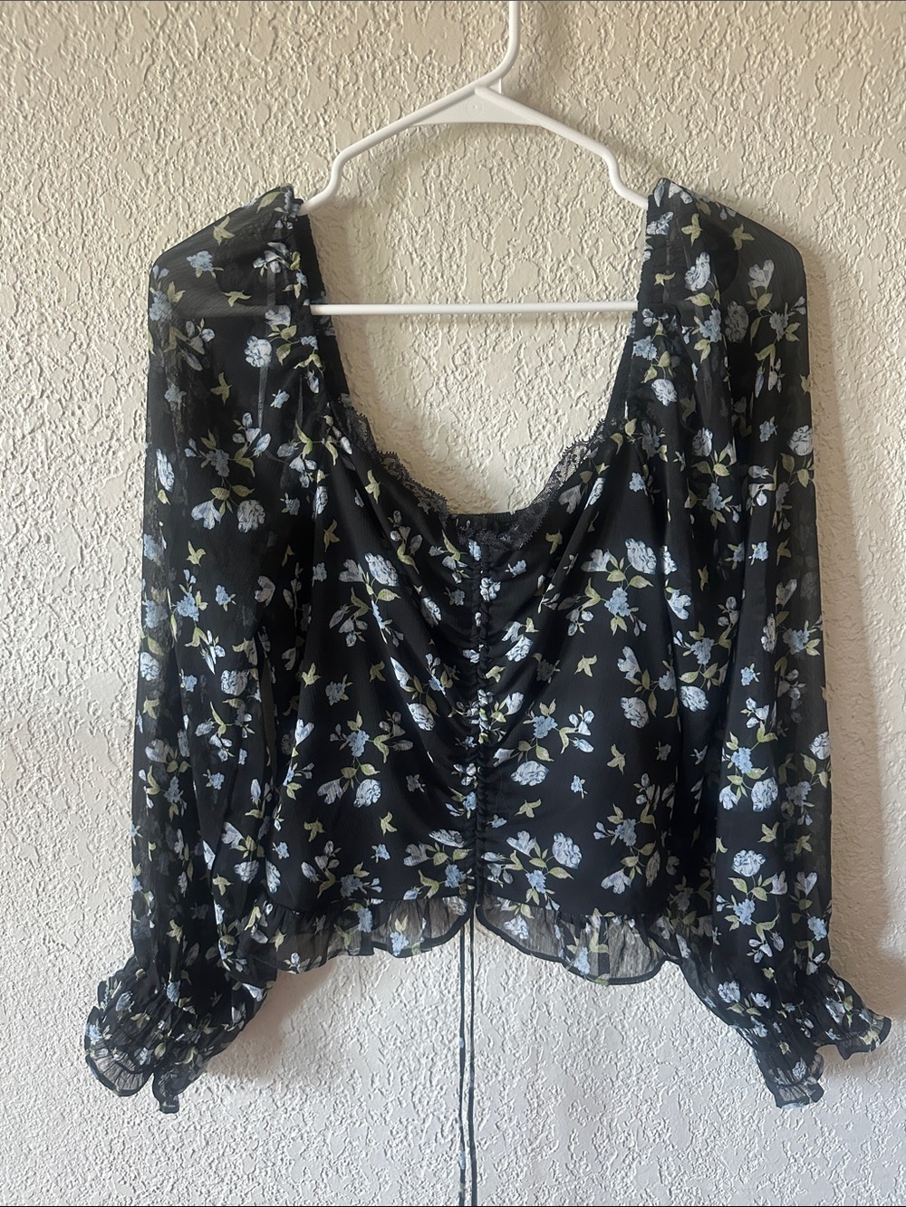 Black Floral Sheer Long-Sleeve Blouse